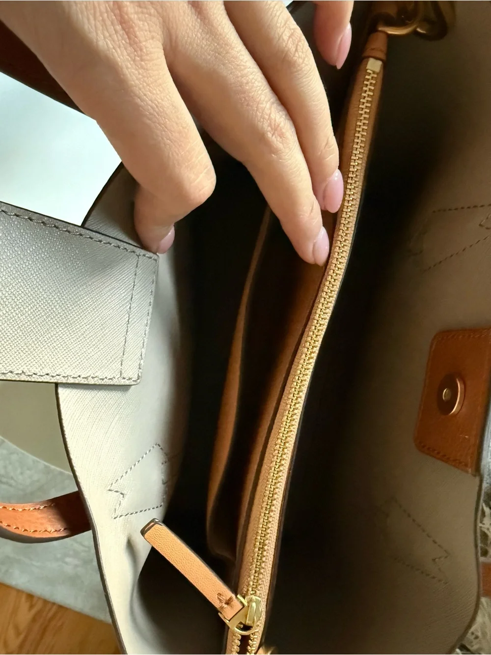 Tory Burch Cognac Leather Shoulder Tote with Taupe Trim